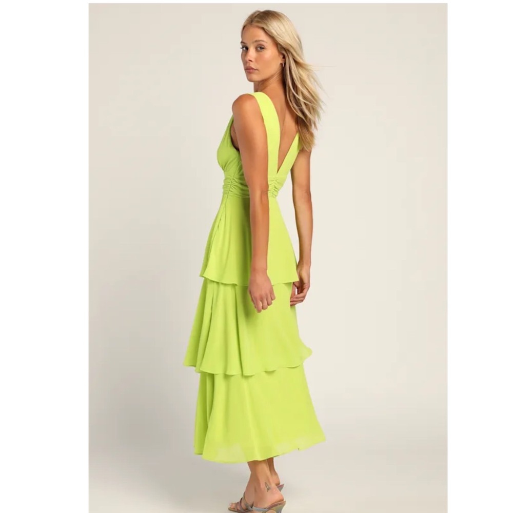 Lulu's Neon Lime Tiered V-Neck Prom Dress - Picture 3 of 16
